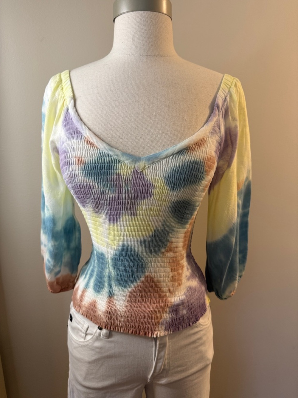 Chaser Smocked Tie-Dye Long Sleeve Top - Yellow, Blue, Purple, Brown